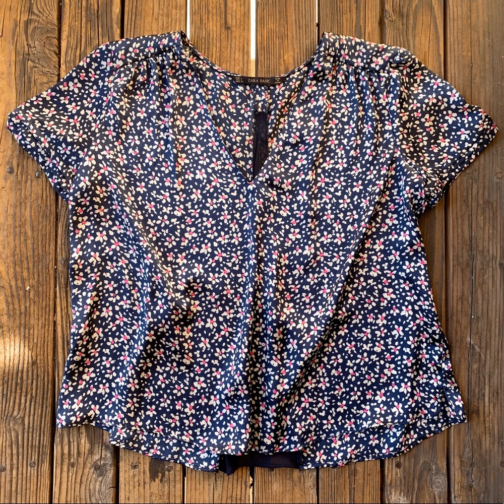 Zara Blue Floral Blouse With Sheer Back Cut Outs